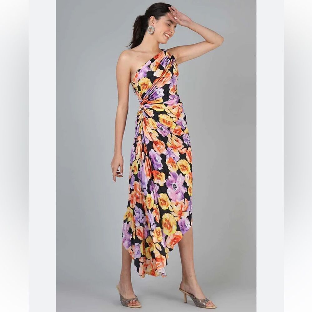 NWT Anthropologie Geisha Designs Asymmetrical Hem Midi Dress Purple Motif XXS